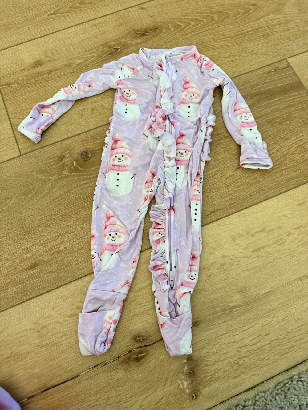 Girls Pink Snowman Ruffle-Trim Footed Pajamas